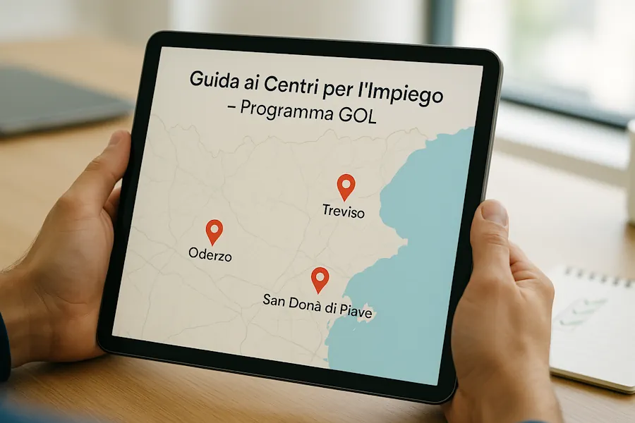 Una persona che consulta una mappa digitale con le sedi dei Centri per l'Impiego di Oderzo, San Donà e Treviso per richiedere l'Assegno GOL.