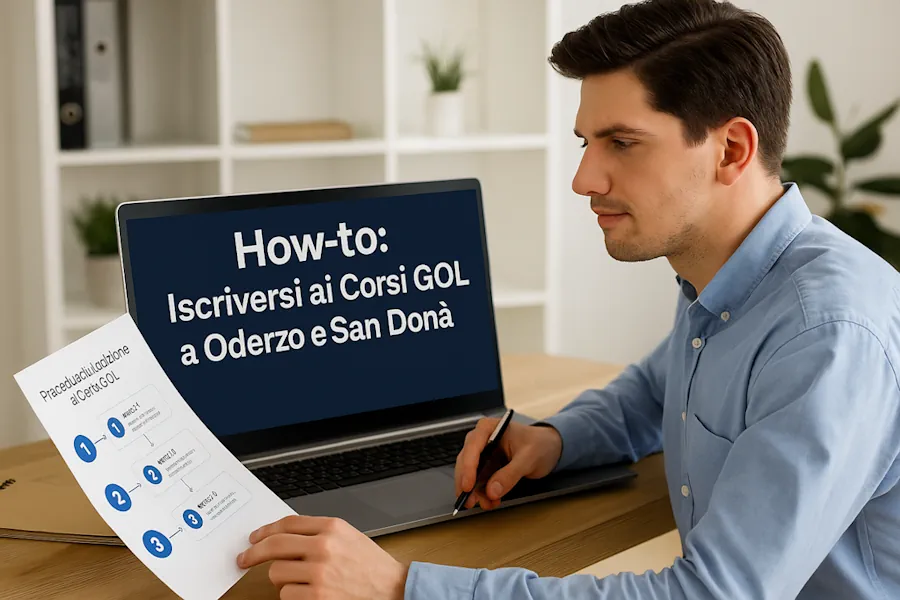 Guida "How-to" che mostra la procedura completa per iscriversi ai corsi GOL gratuiti a Oderzo e San Donà di Piave.