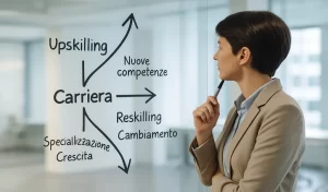 Professionista davanti a una lavagna strategica che illustra la differenza tra Upskilling e Reskilling per scegliere il percorso GOL Veneto.