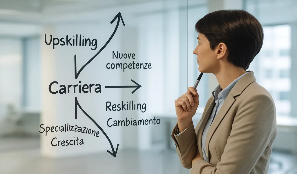 Professionista davanti a una lavagna strategica che illustra la differenza tra Upskilling e Reskilling per scegliere il percorso GOL Veneto.