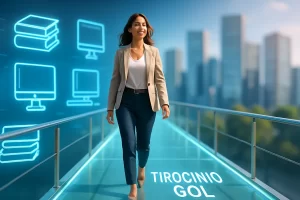 Una persona attraversa un ponte chiamato "Tirocinio GOL Veneto", che collega la formazione al mondo del lavoro.