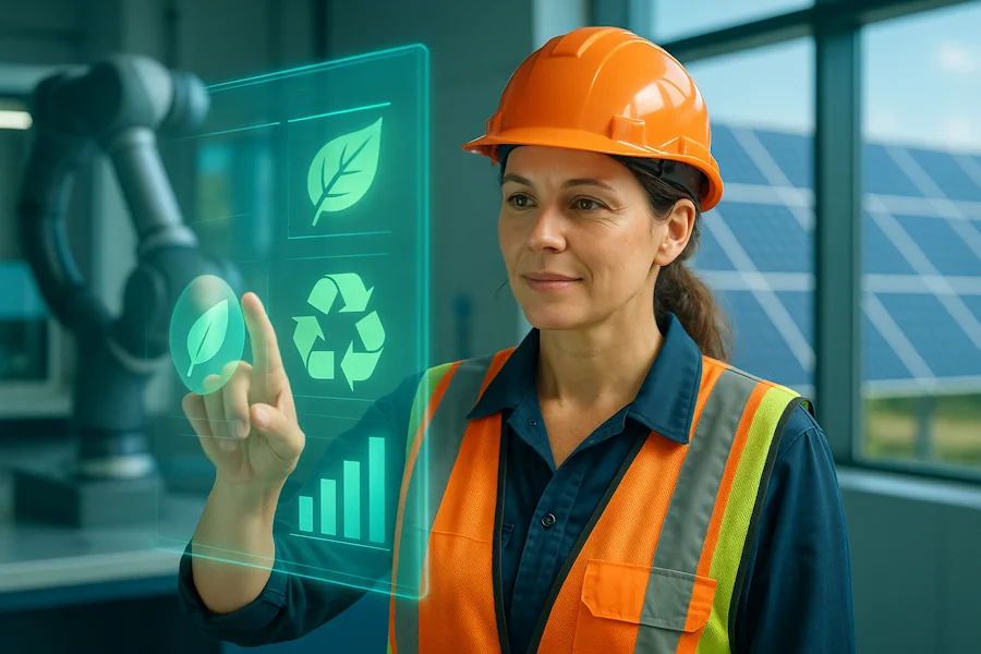 Lavoratrice formata con il Programma GOL utilizza un'interfaccia olografica con icone di sostenibilità per la Transizione 5.0.