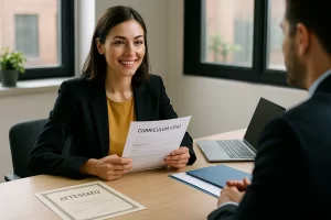 Candidata durante un colloquio di lavoro che presenta il suo curriculum dopo aver completato un corso GOL