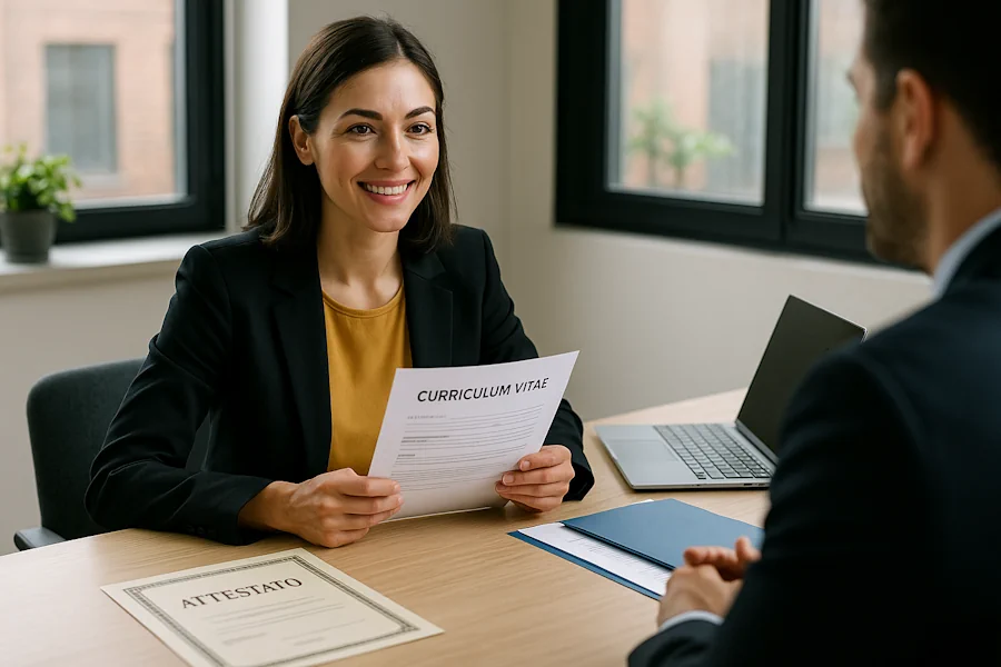 Candidata durante un colloquio di lavoro che presenta il suo curriculum dopo aver completato un corso GOL
