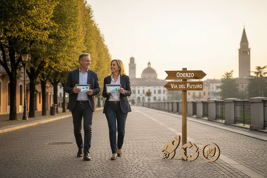 Due professionisti over 50 sorridono, camminando davanti a un edificio storico di Oderzo, a simboleggiare l'esperienza valorizzata e il successo locale grazie al Programma GOL.