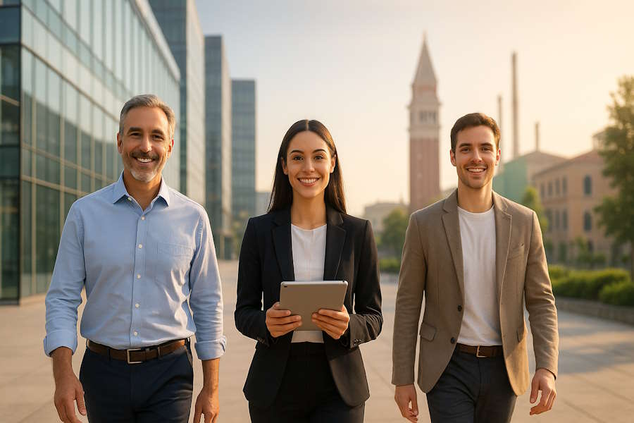 Gruppo di professionisti e giovani in un distretto direzionale in Veneto, rappresentazione simbolica dei corsi GOL e delle competenze più richieste dalle aziende.