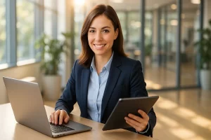 Operatore amministrativo segretariale in un ufficio moderno mentre gestisce pratiche di gestione documentale digitale al computer, rappresentazione del profilo formato dal corso GOL Veneto.