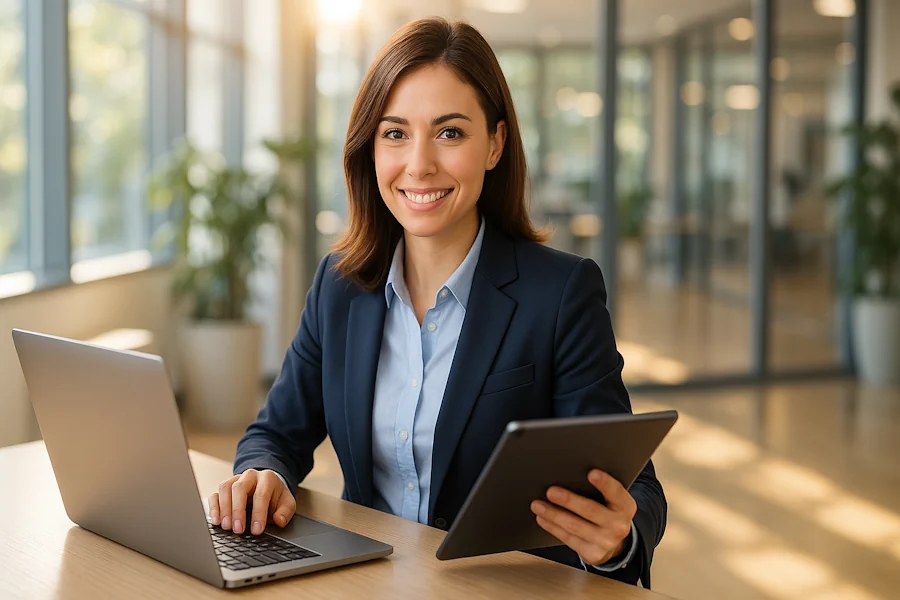 Operatore amministrativo segretariale in un ufficio moderno mentre gestisce pratiche di gestione documentale digitale al computer, rappresentazione del profilo formato dal corso GOL Veneto.