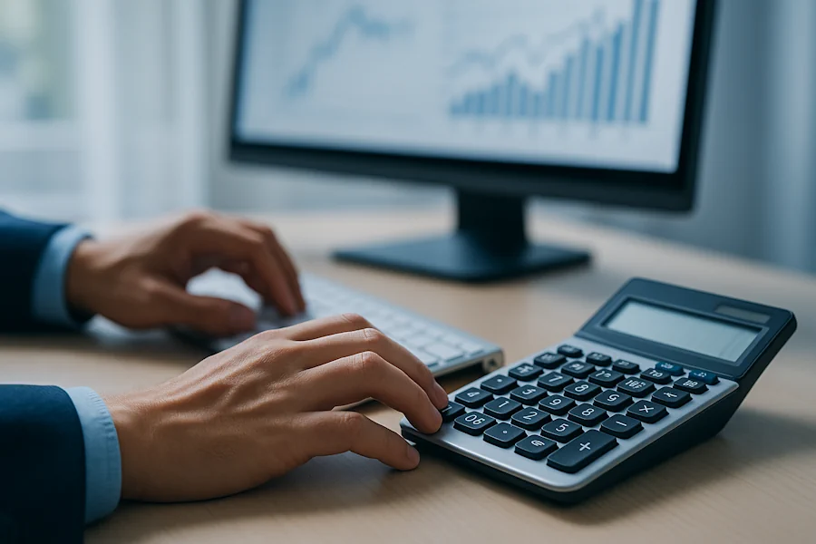 Mani su tastiera e calcolatrice in ufficio amministrativo, rappresentazione del lavoro di Tecnico Contabile formato dai corsi GOL in Veneto.