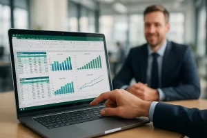 Laptop con dashboard Excel e tabelle pivot aperte in ufficio, rappresentazione del corso Excel avanzato GOL in Veneto per analisi dati aziendali