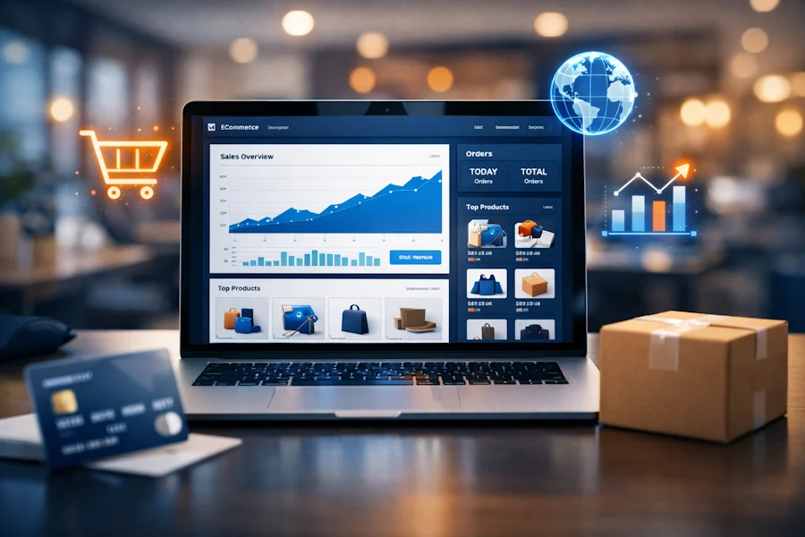 Laptop con dashboard di analisi vendite e pacchi da spedizione, rappresentativo del corso e-commerce Veneto per diventare tecnico specializzato nella gestione di negozi online con WooCommerce e Shopify.