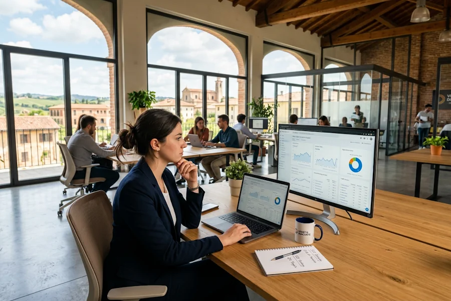Professionista al computer analizza dati in ufficio: le competenze di digital marketing e SEO che le startup venete cercano per crescere online.